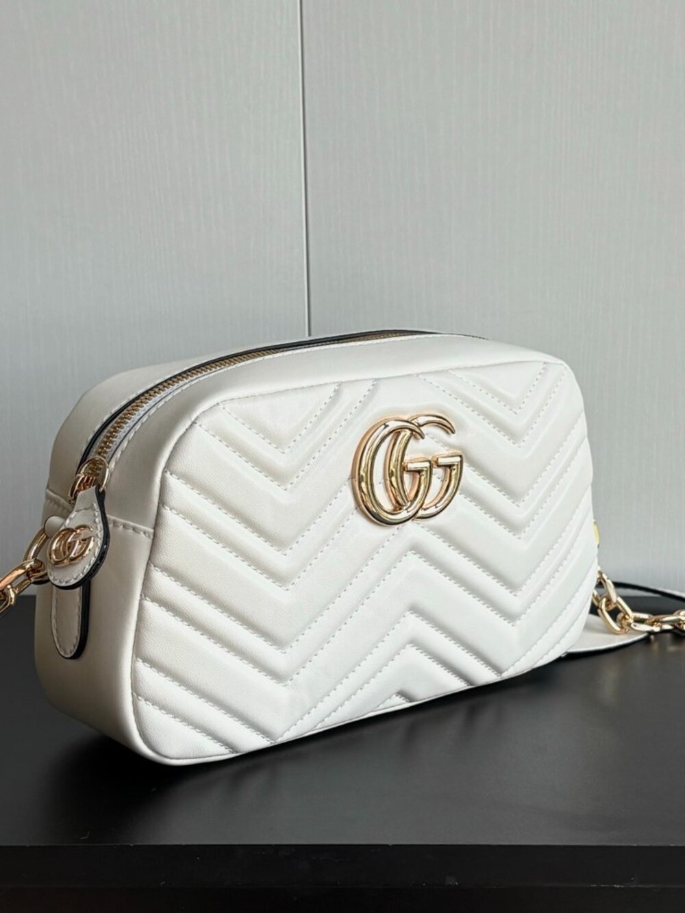 Gucci GG Marmont White Chevron Quilted Camera Bag Gold GG Logo Crossbody